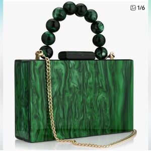 New Elegant Green Clutch with Beaded Handle. Gold drop chain included